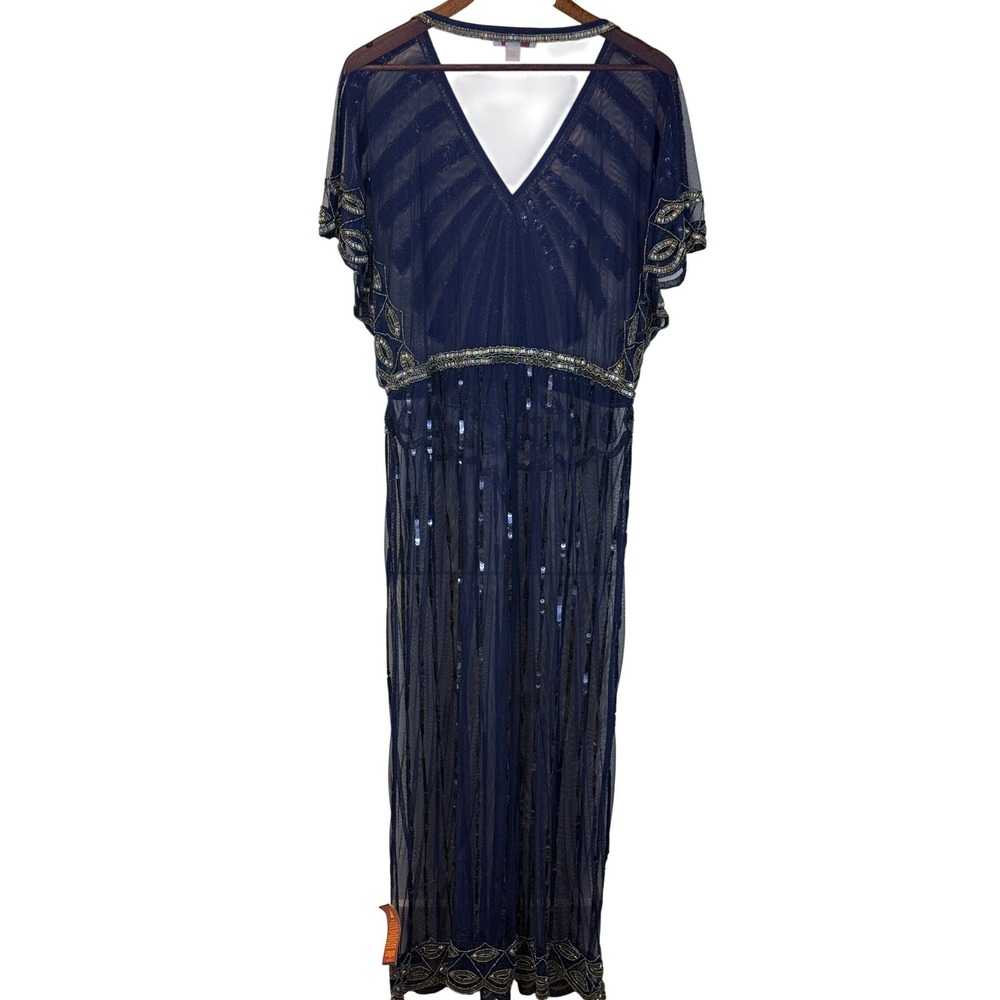 NWT Gatsby Lady London Navy Beaded Sequin Flapper Midi Dress Size 16‎